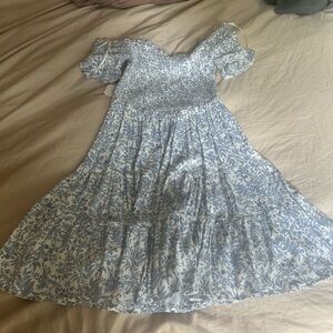 Floral Blue and White Off-Shoulder Dress